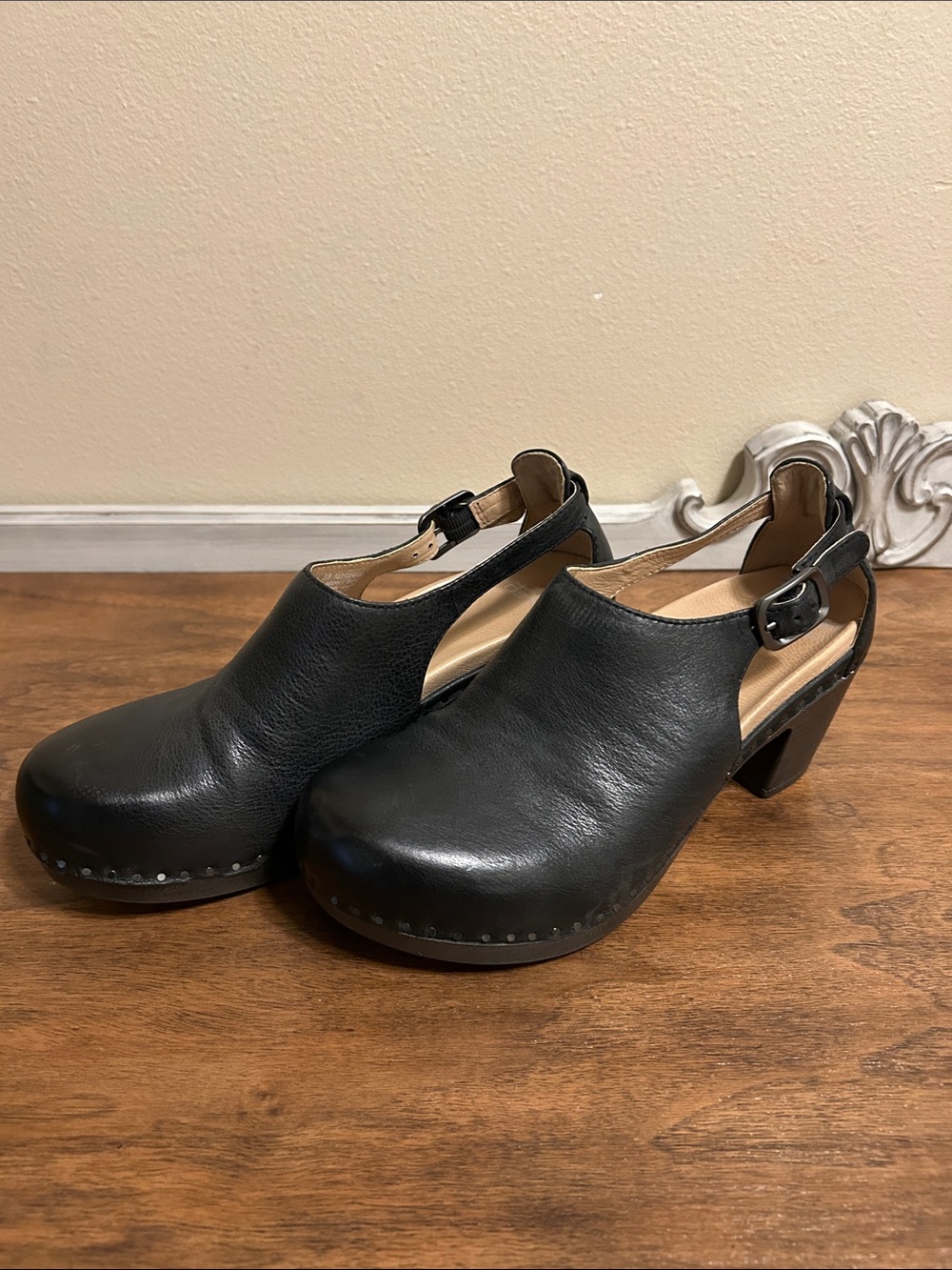 Dansko Black Leather Slingback Clogs with Buckle